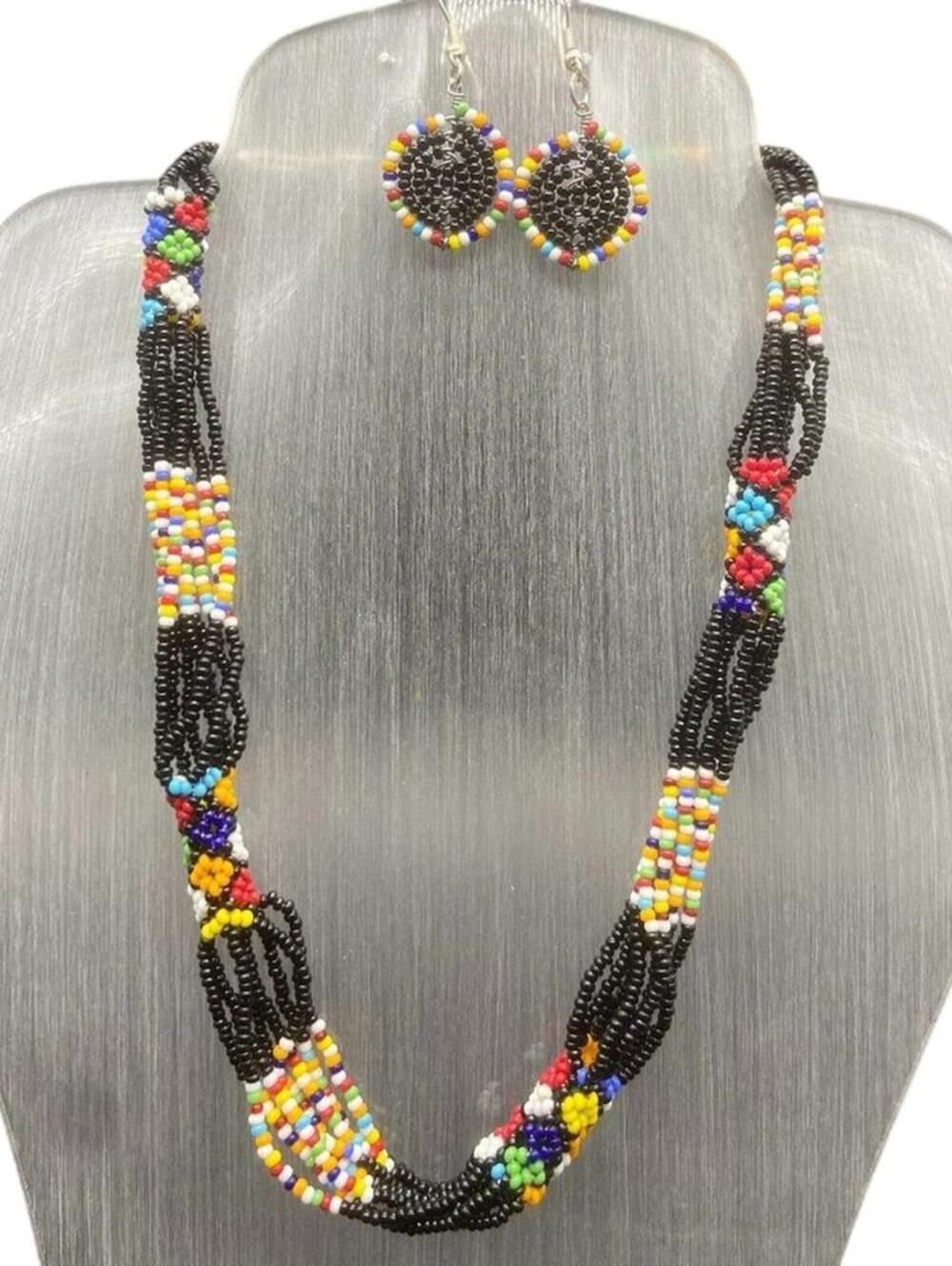 Maasai Multi Strand Beaded Necklace Earrings Set African Jewelry-New